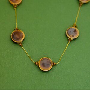 30 inch, Vintage Art Deco Circular Faux Gems Gold Tone Necklace - K46